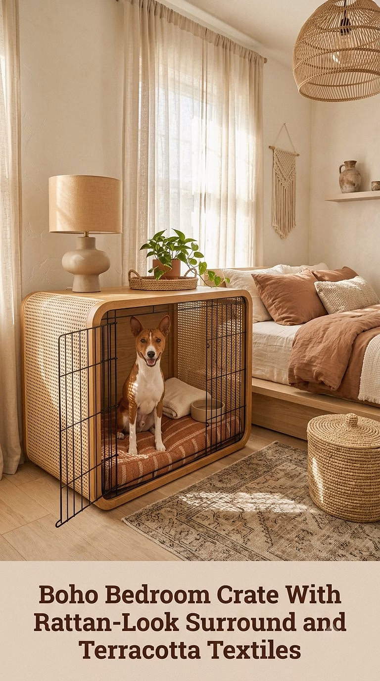 Boho Bedroom Crate With Rattan-Look Surround and Terracotta Textiles