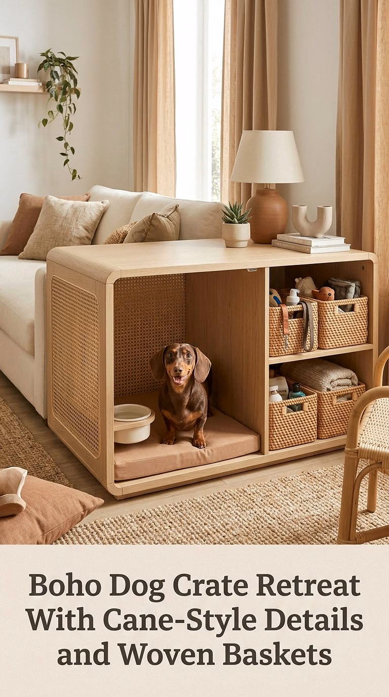 Boho Dog Crate Retreat With Cane-Style Details and Woven Baskets