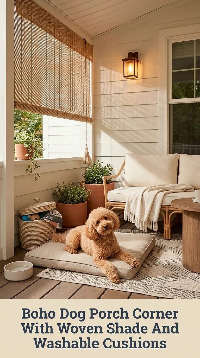 Boho Dog Porch Corner With Woven Shade And Washable Cushions