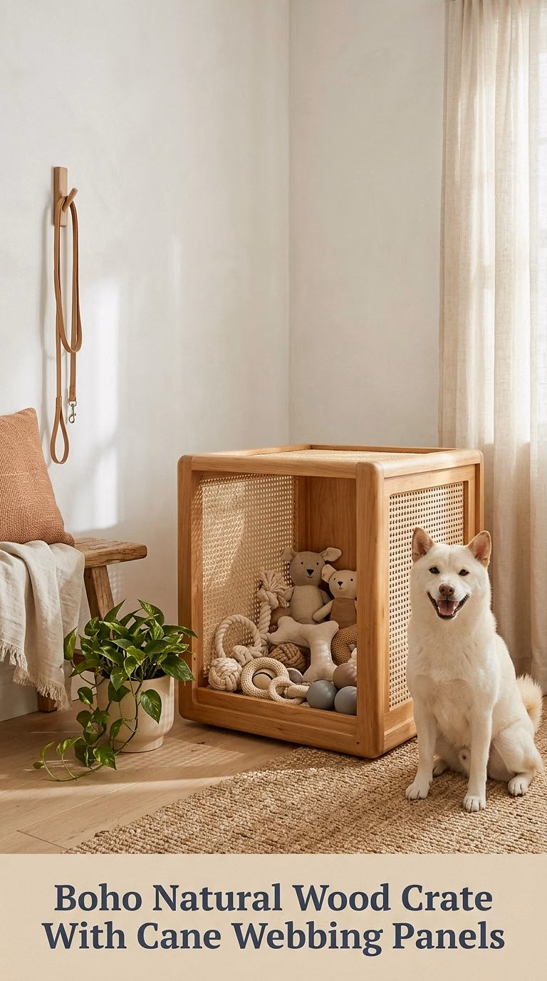 Boho Natural Wood Crate With Cane Webbing Panels