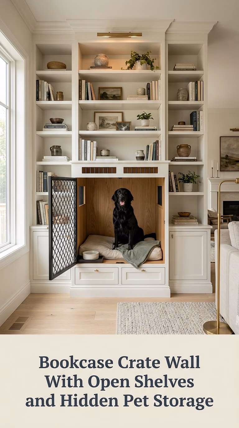 Bookcase Crate Wall With Open Shelves and Hidden Pet Storage