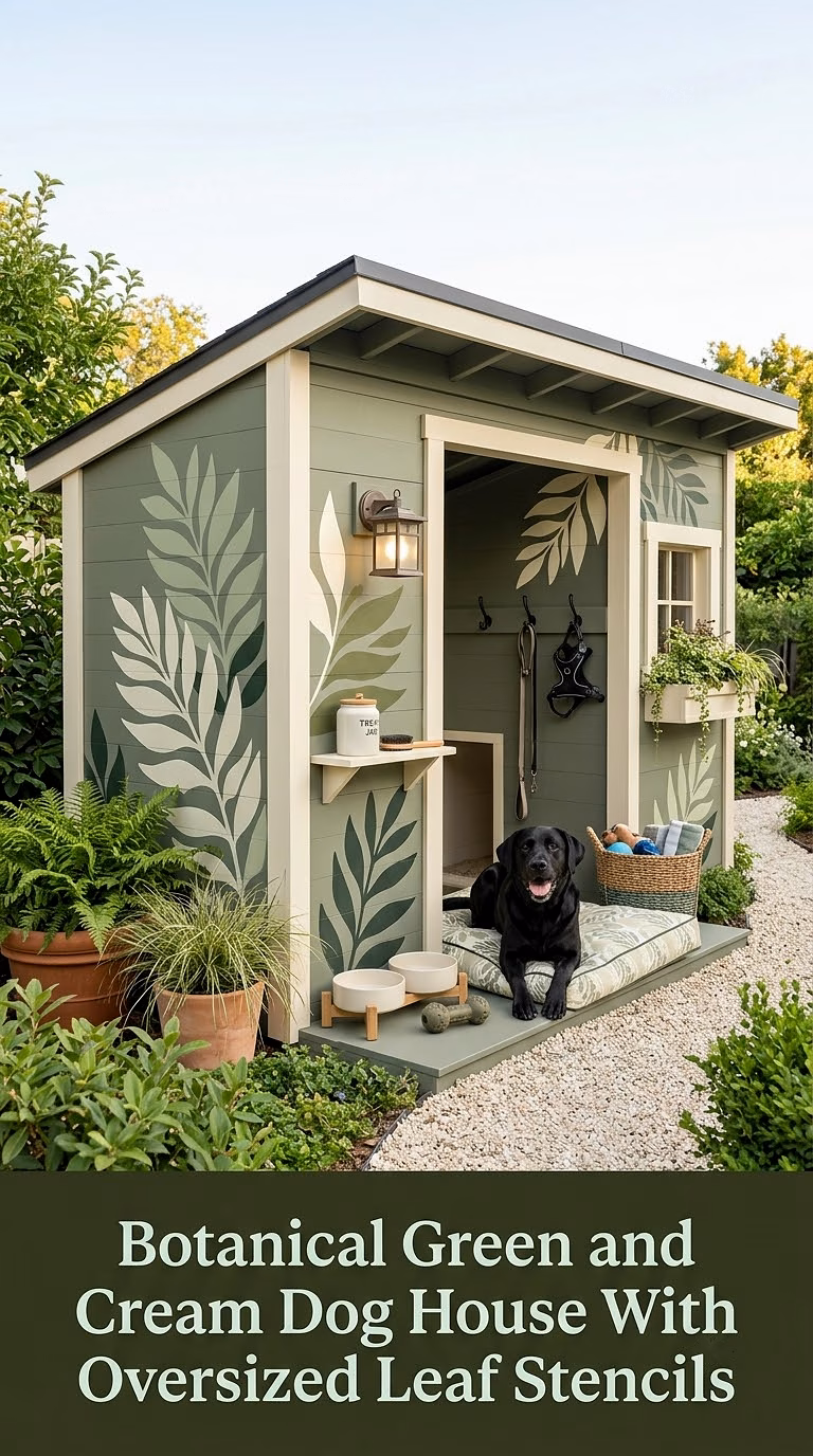 15. Botanical Green and Cream Dog House With Oversized Leaf Stencils
