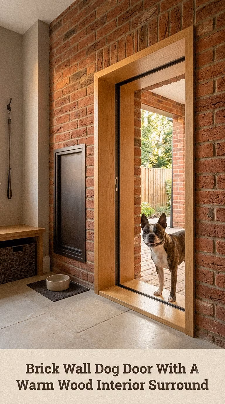 Brick Wall Dog Door With A Warm Wood Interior Surround