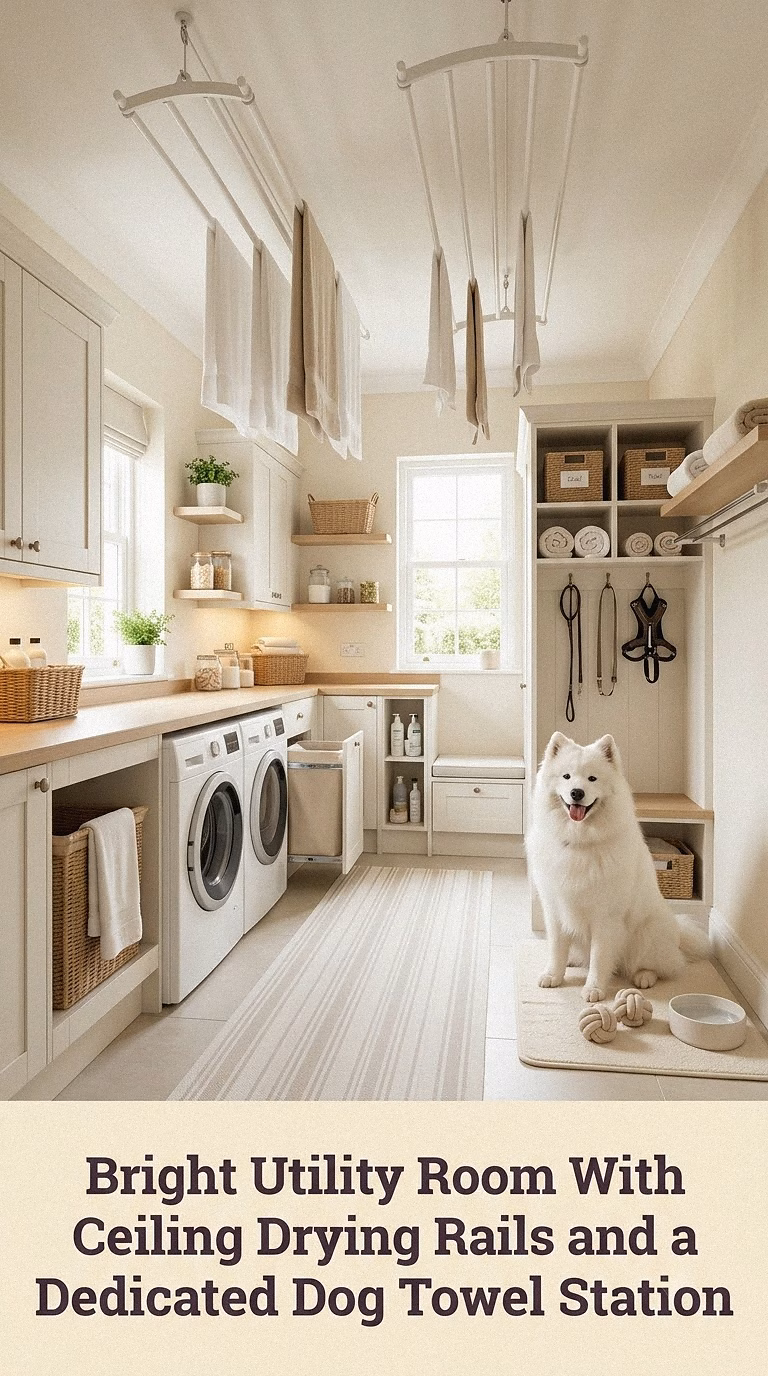15. Bright Utility Room With Ceiling Drying Rails and a Dedicated Dog Towel Station