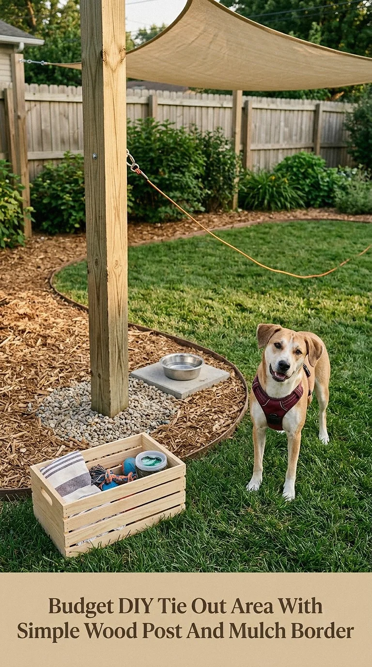 Budget DIY Tie Out Area With Simple Wood Post And Mulch Border
