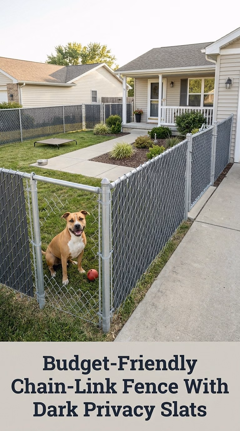 Budget-Friendly Chain-Link Fence With Dark Privacy Slats