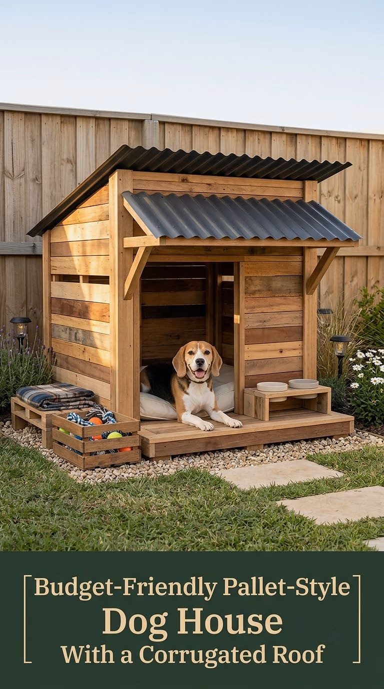 15. Budget-Friendly Pallet-Style Dog House With a Corrugated Roof