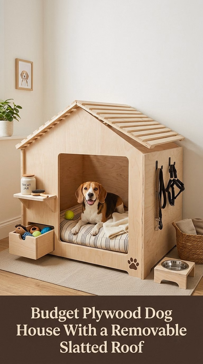 15. Budget Plywood Dog House With a Removable Slatted Roof