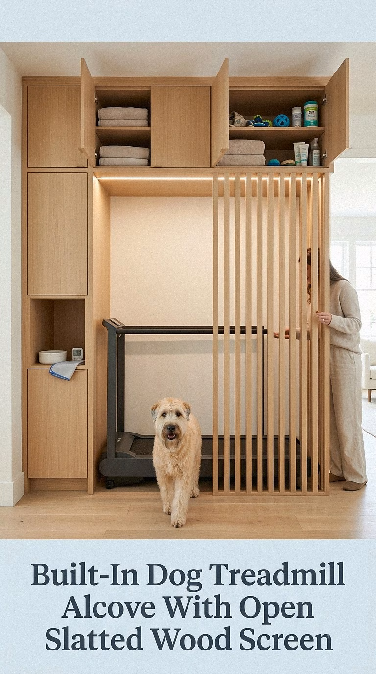 Built-In Dog Treadmill Alcove With Open Slatted Wood Screen