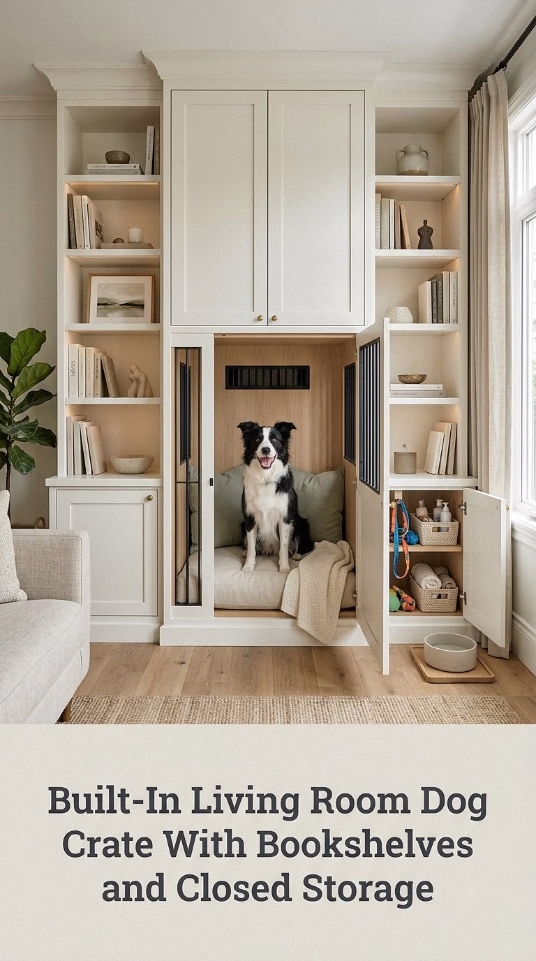 Built-In Living Room Dog Crate With Bookshelves and Closed Storage