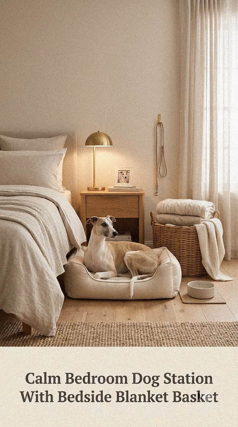 Calm Bedroom Dog Station With Bedside Blanket Basket