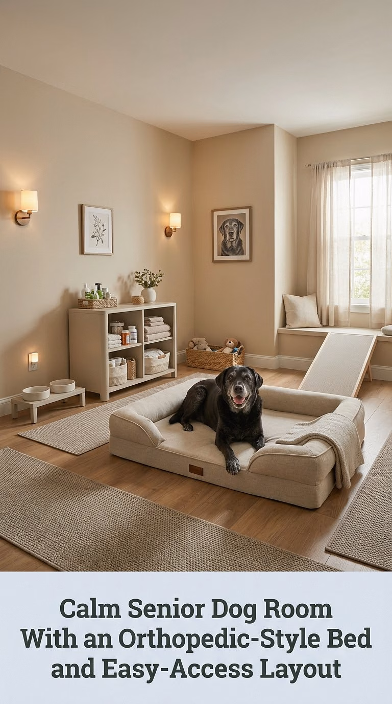 15. Calm Senior Dog Room With an Orthopedic-Style Bed and Easy-Access Layout