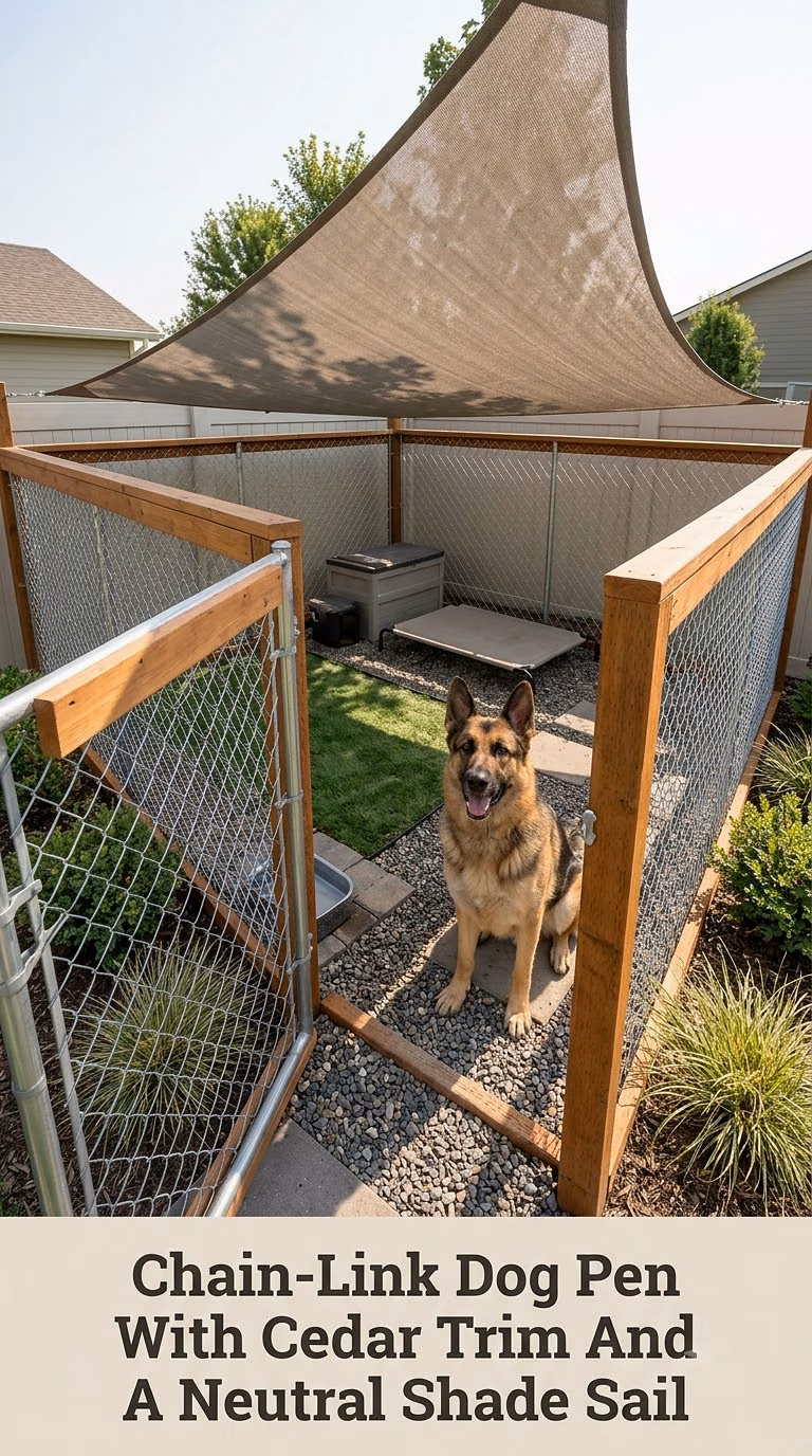 Chain-Link Dog Pen With Cedar Trim And A Neutral Shade Sail