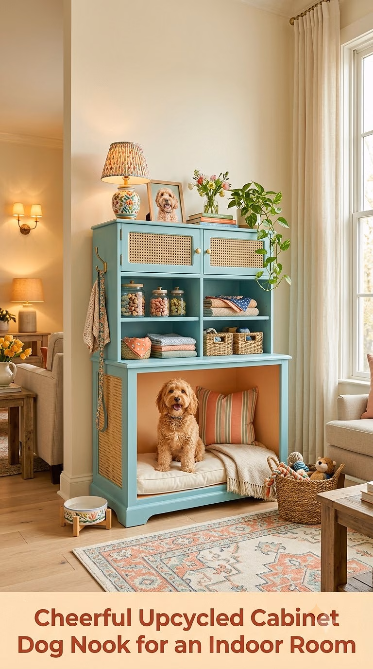 15. Cheerful Upcycled Cabinet Dog Nook for an Indoor Room