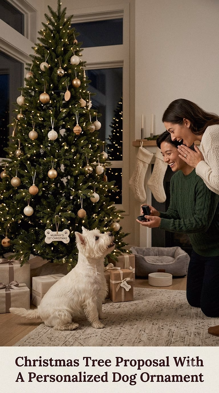 Christmas Tree Proposal With A Personalized Dog Ornament