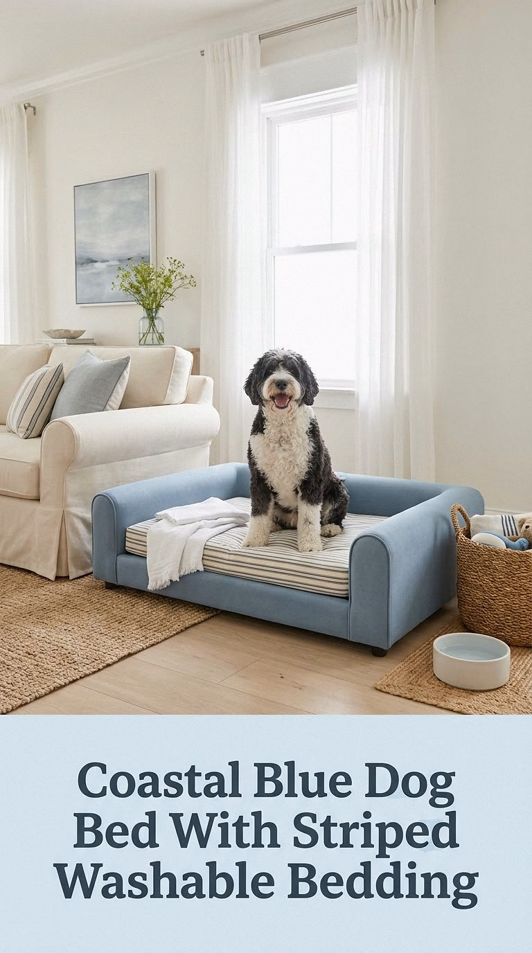 Coastal Blue Dog Bed With Striped Washable Bedding