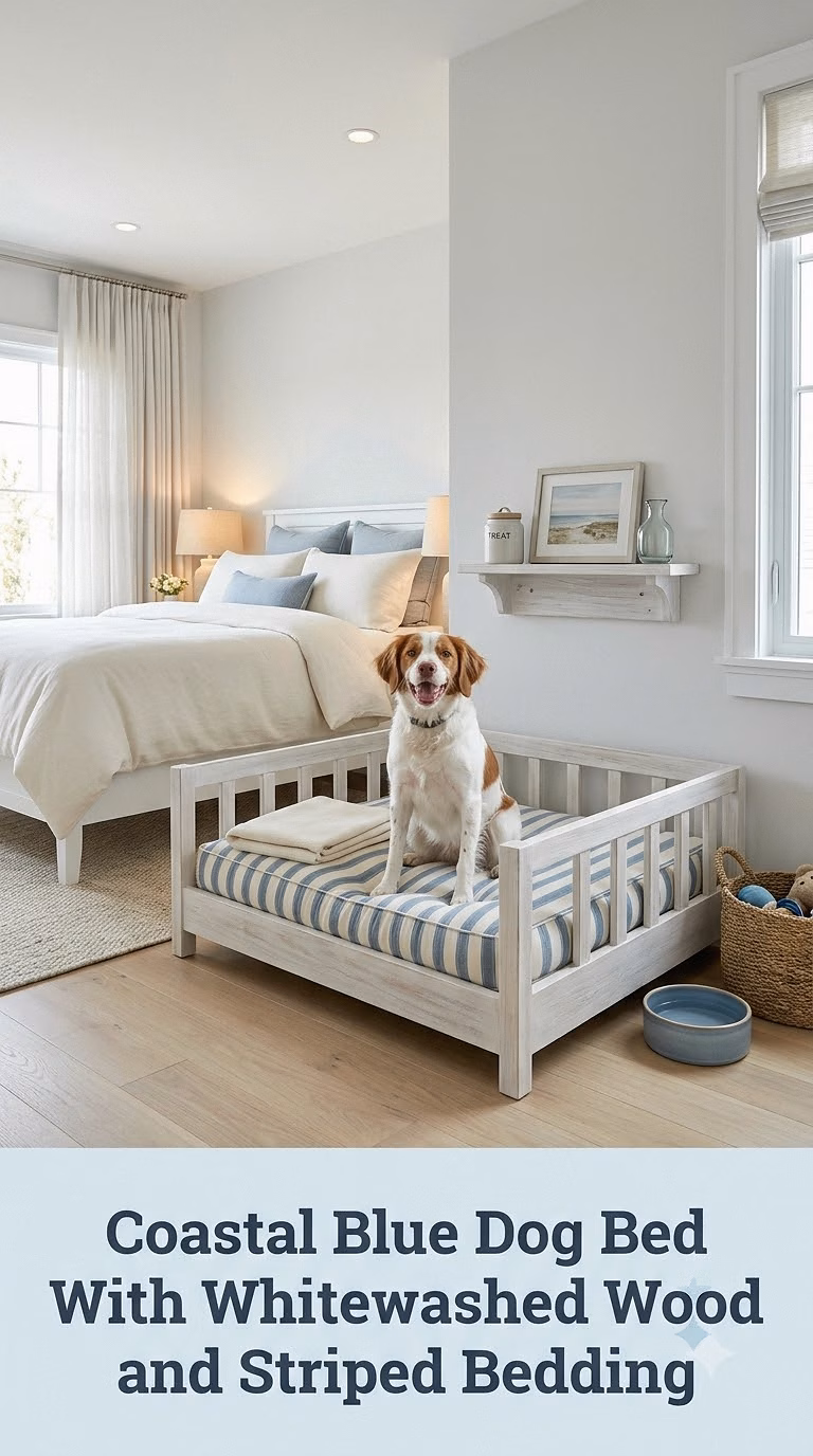Coastal Blue Dog Bed With Whitewashed Wood and Striped Bedding