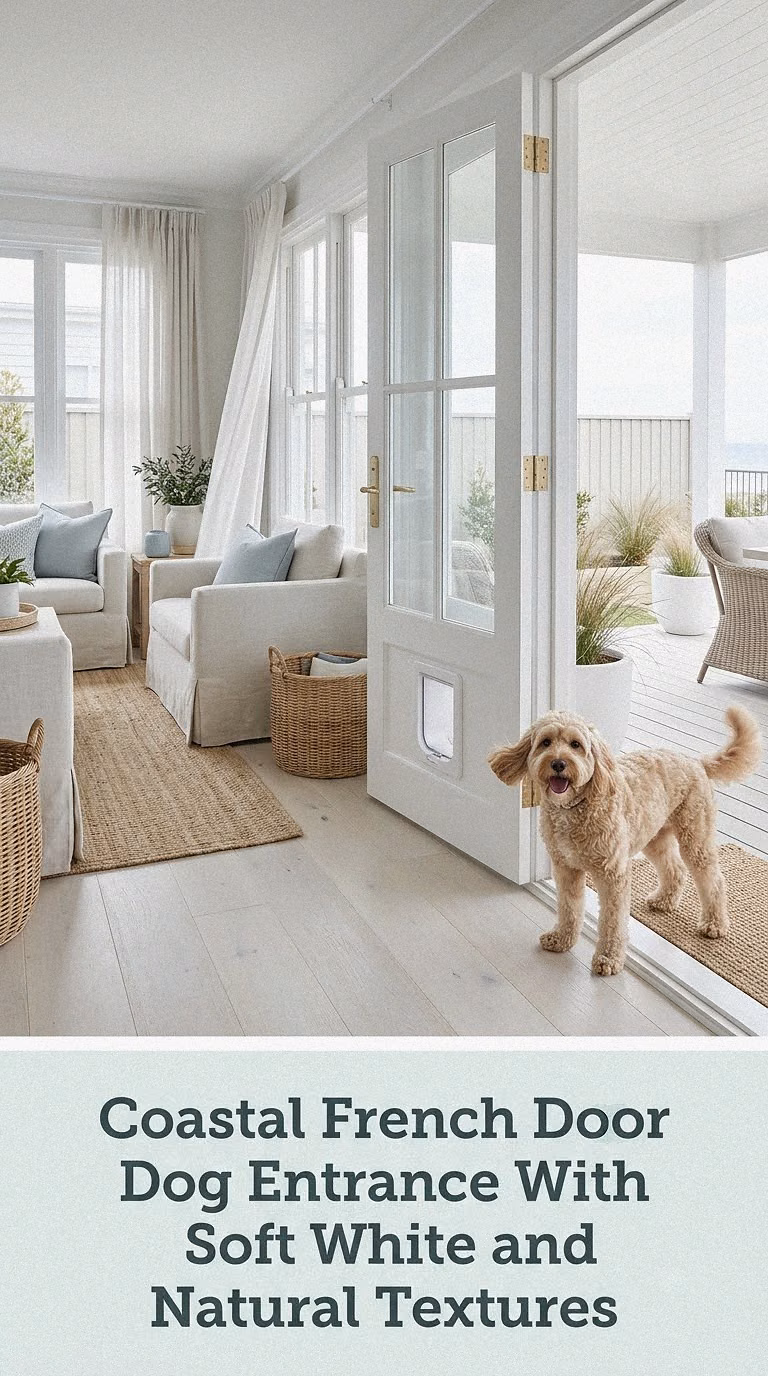 Coastal French Door Dog Entrance With Soft White and Natural Textures