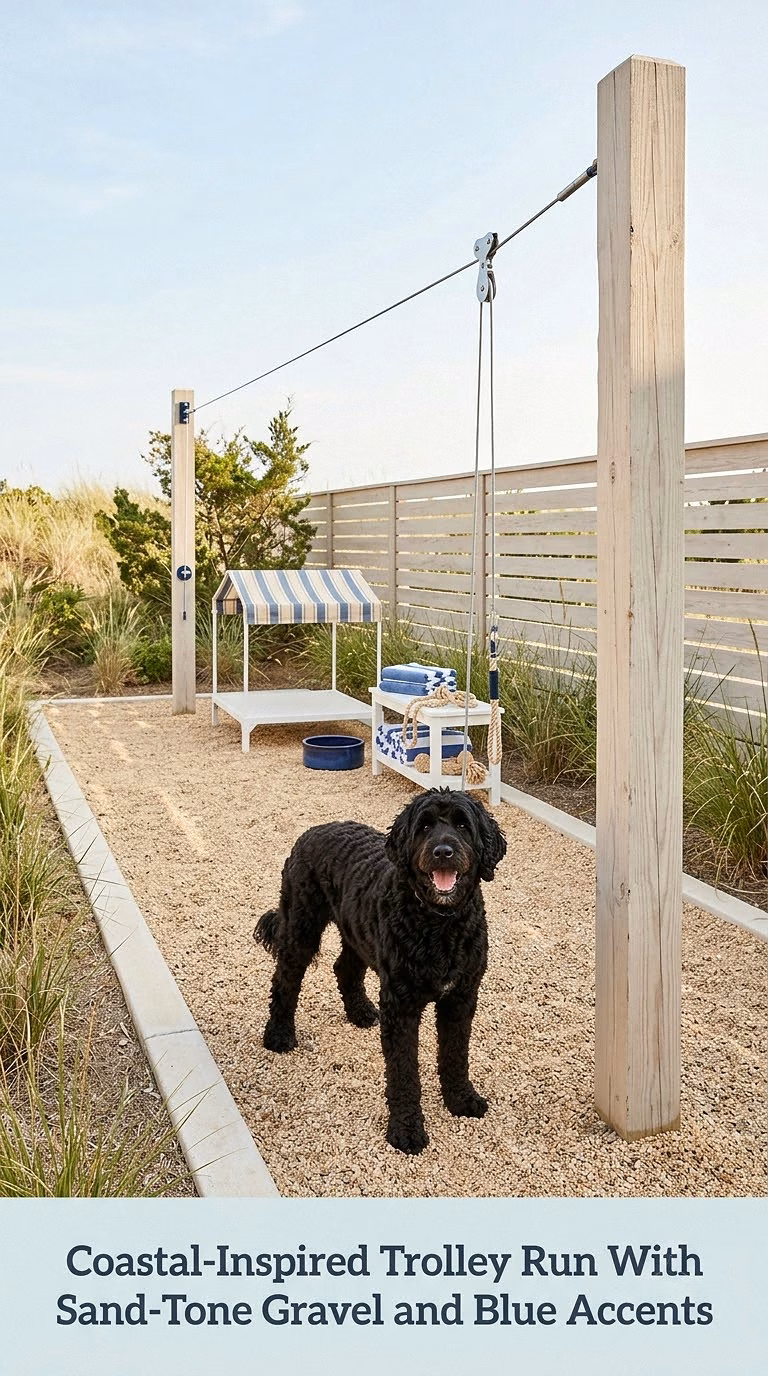 Coastal-Inspired Trolley Run With Sand-Tone Gravel and Blue Accents