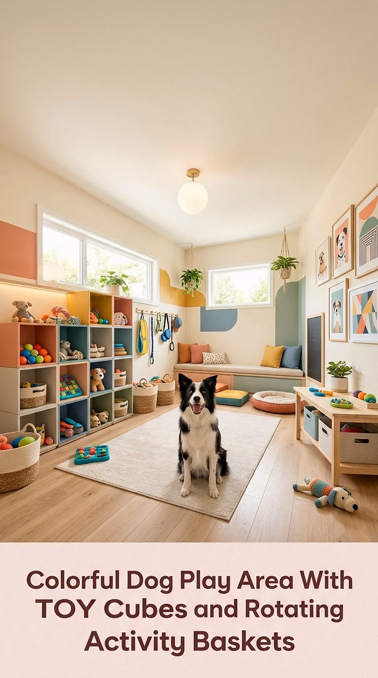 15. Colorful Dog Play Area With Toy Cubes and Rotating Activity Baskets