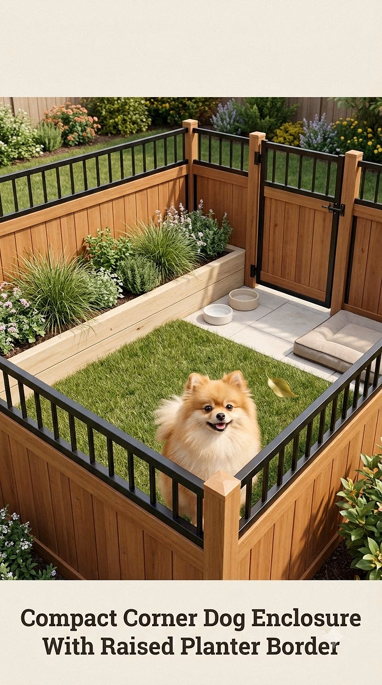 Compact Corner Dog Enclosure With Raised Planter Border