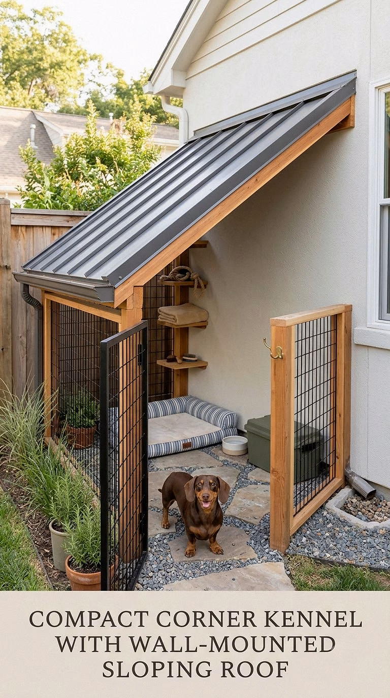 Compact Corner Kennel With Wall-Mounted Sloping Roof