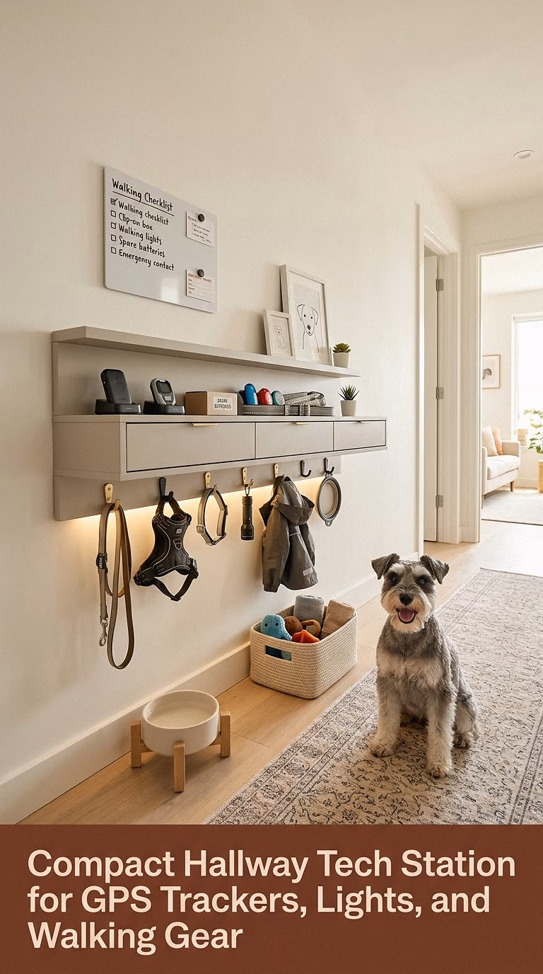 15. Compact Hallway Tech Station for GPS Trackers, Lights, and Walking Gear