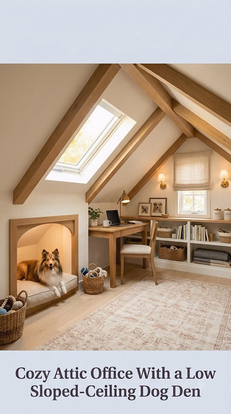 Cozy Attic Office With a Low Sloped-Ceiling Dog Den