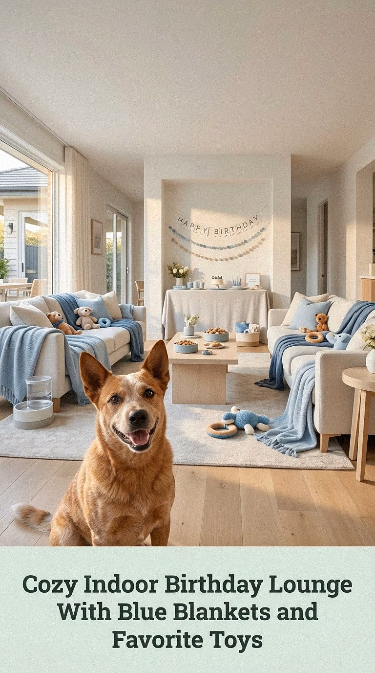 Cozy Indoor Birthday Lounge With Blue Blankets and Favorite Toys