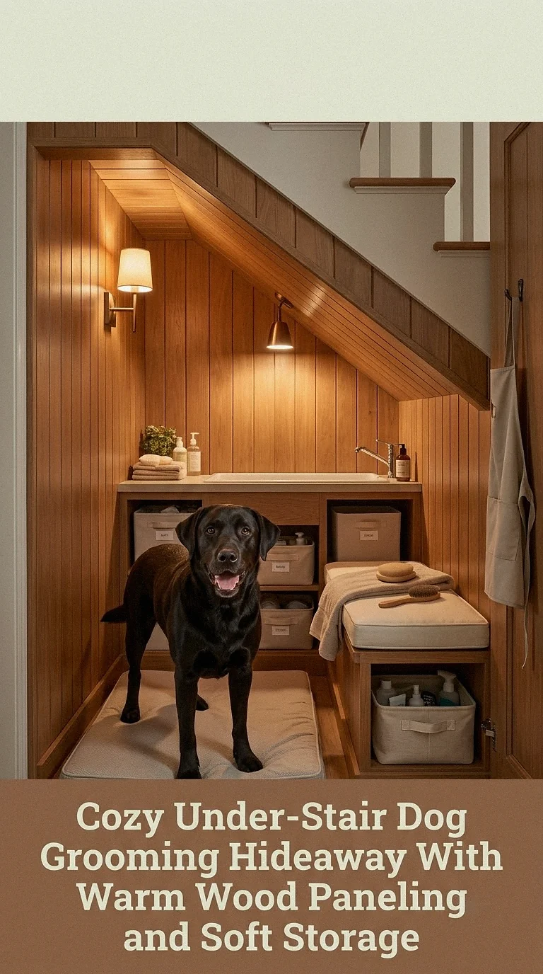 Cozy Under-Stair Dog Grooming Hideaway With Warm Wood Paneling and Soft Storage