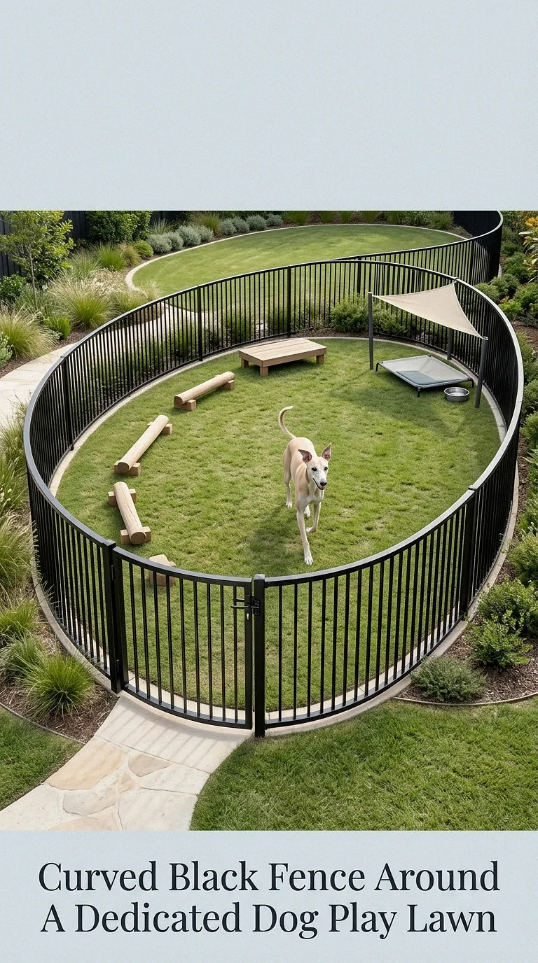 Curved Black Fence Around A Dedicated Dog Play Lawn