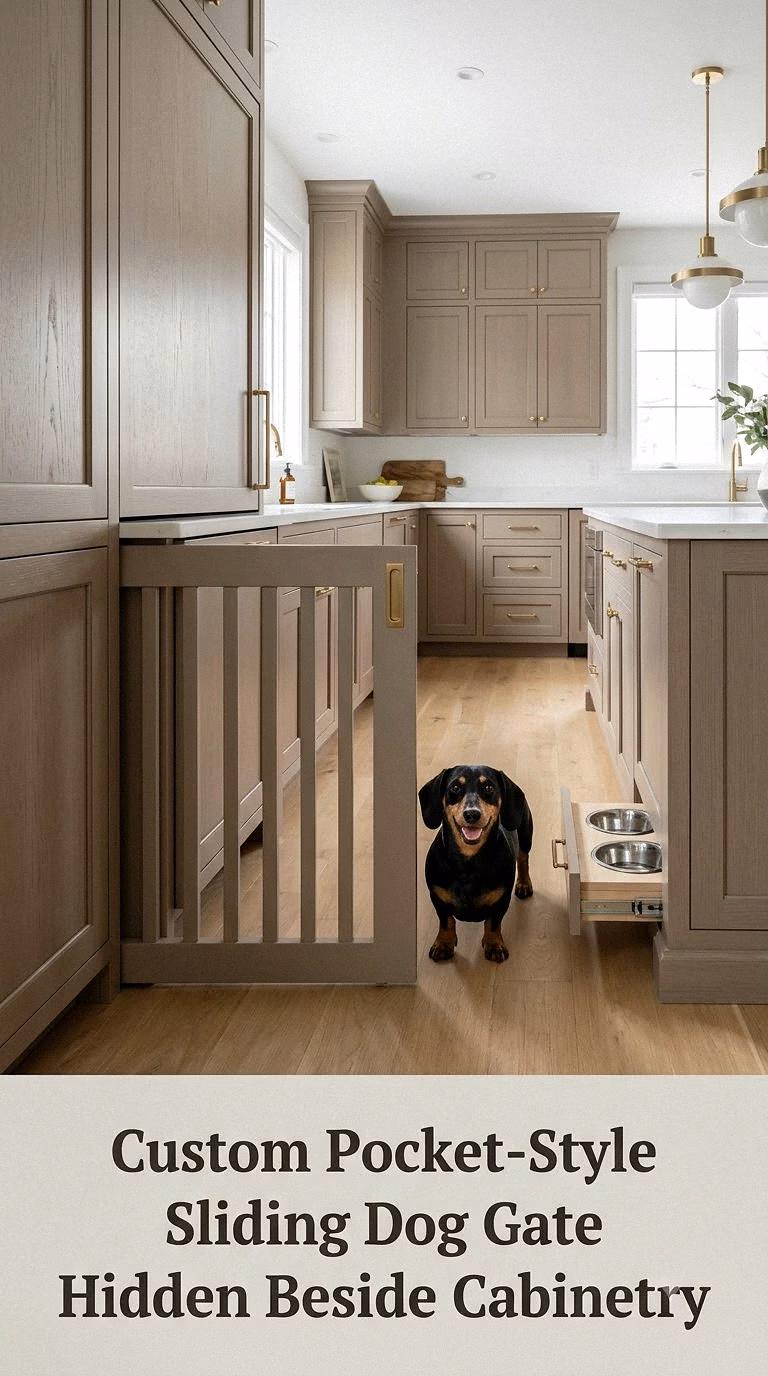 Custom Pocket-Style Sliding Dog Gate Hidden Beside Cabinetry