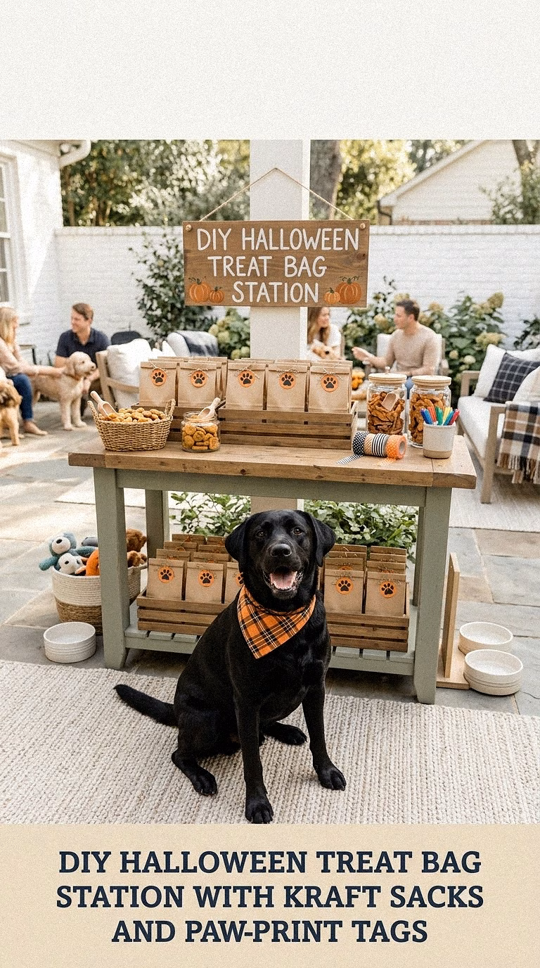DIY Halloween Treat Bag Station With Kraft Sacks and Paw-Print Tags