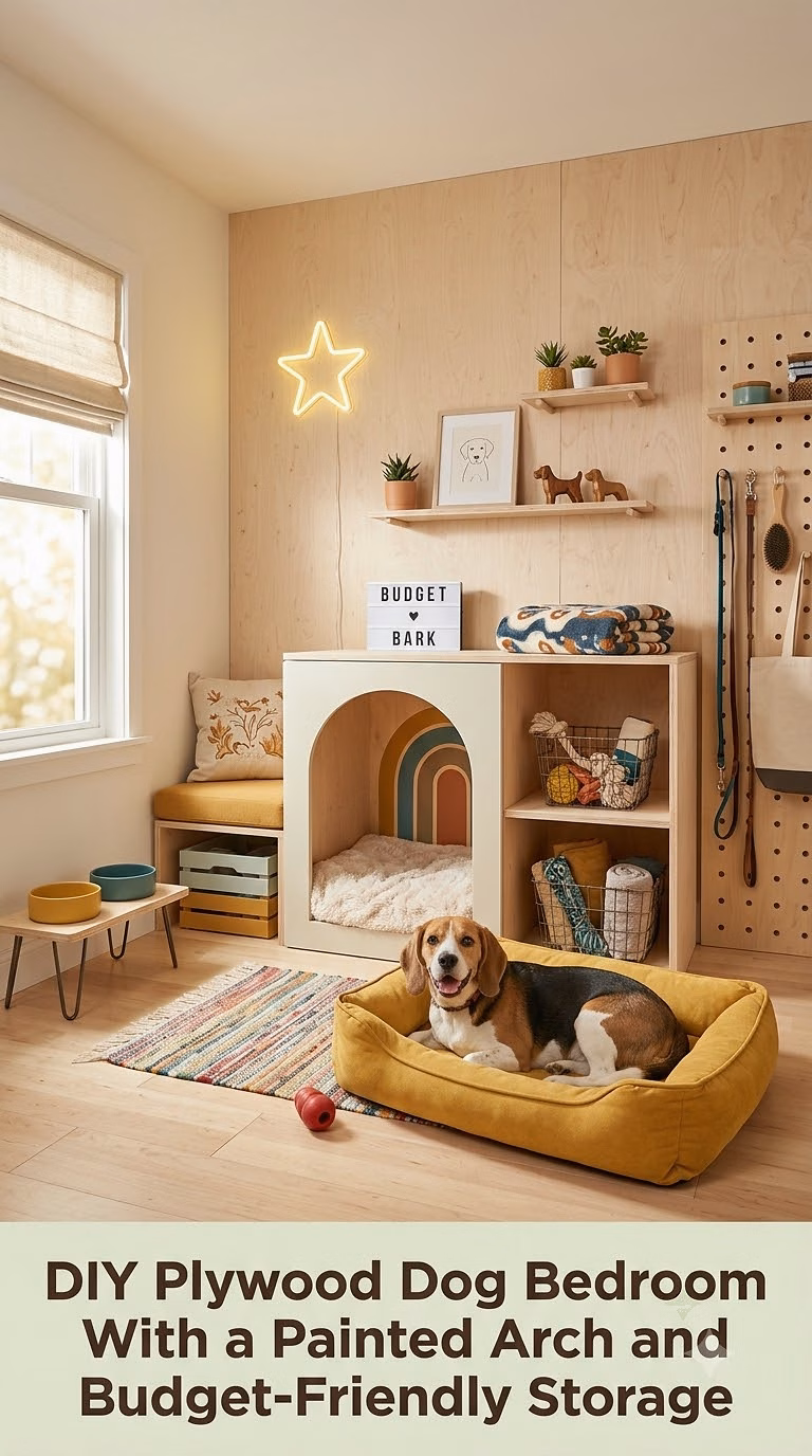 15. DIY Plywood Dog Bedroom With a Painted Arch and Budget-Friendly Storage