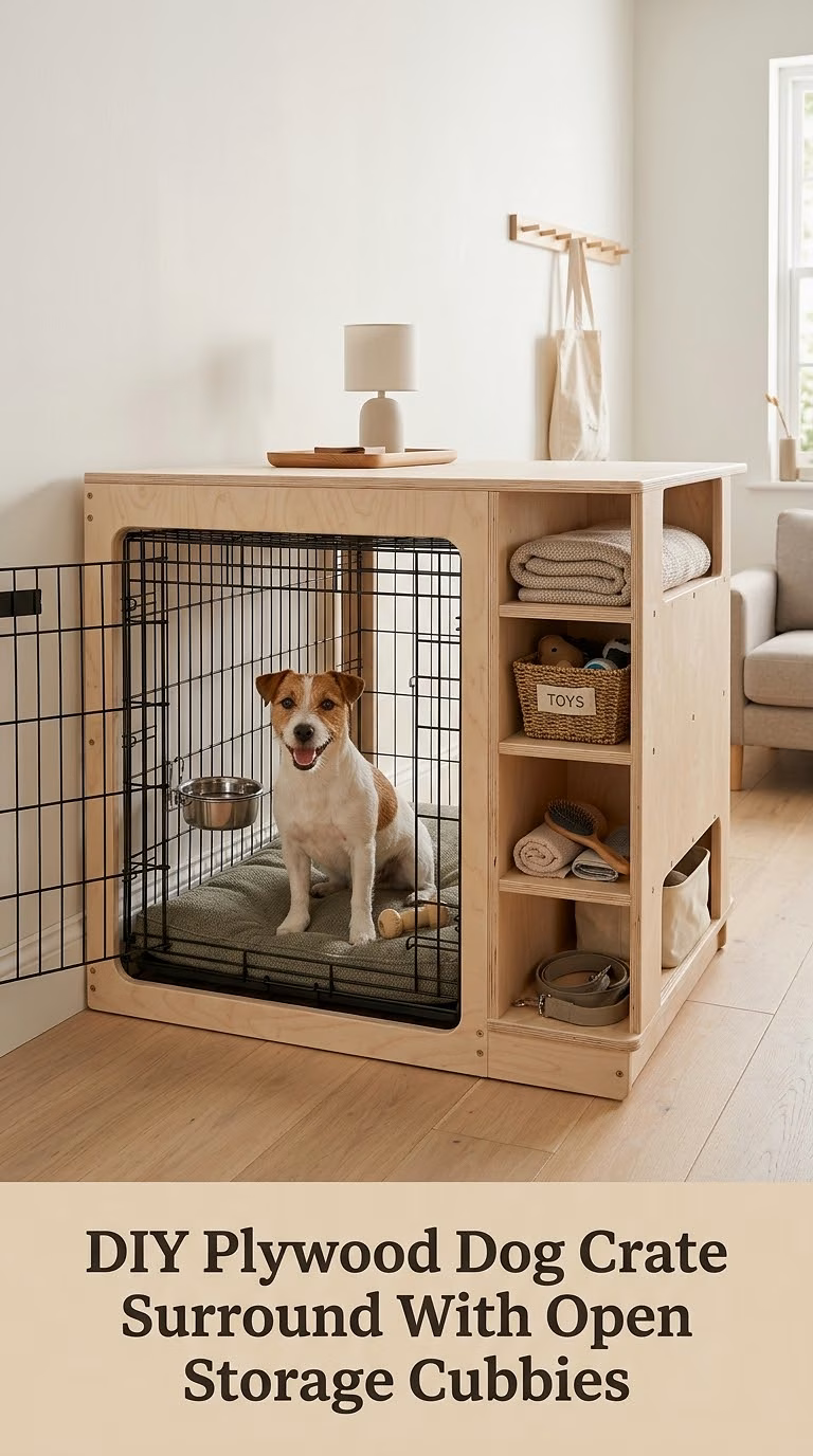 DIY Plywood Dog Crate Surround With Open Storage Cubbies