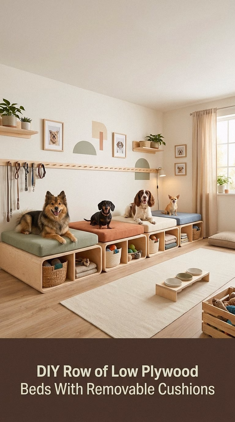 15. DIY Row of Low Plywood Platform Beds With Removable Cushions