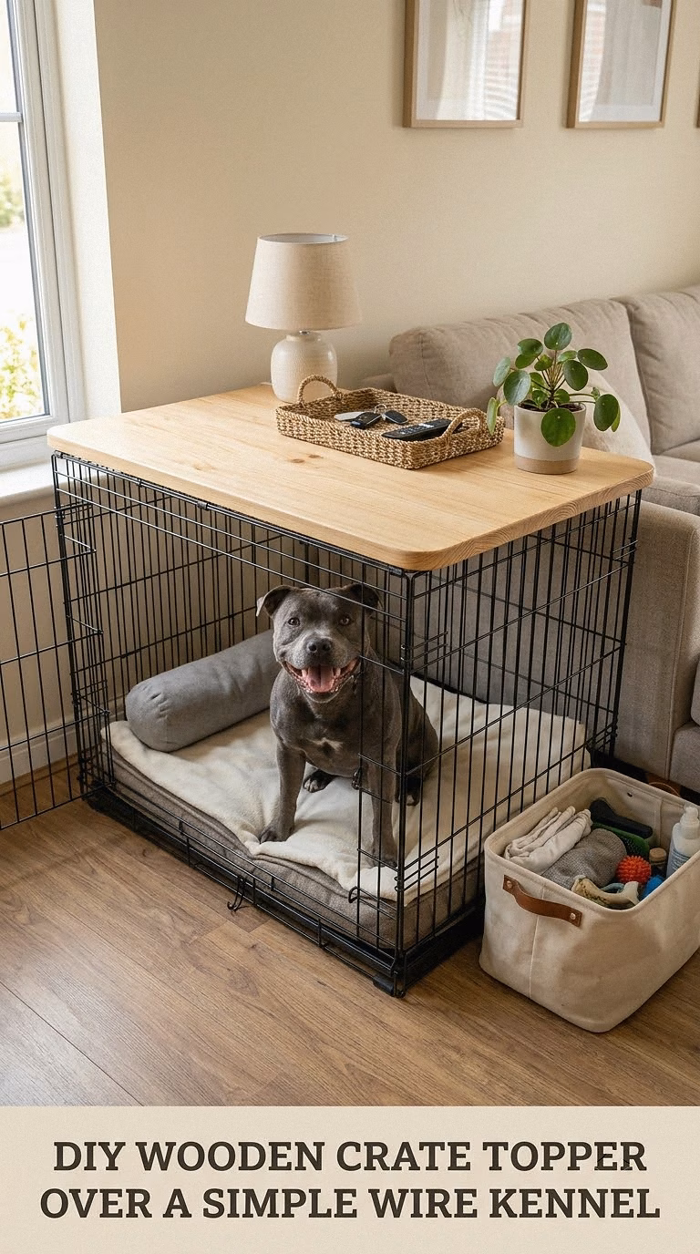 DIY Wooden Crate Topper Over a Simple Wire Kennel
