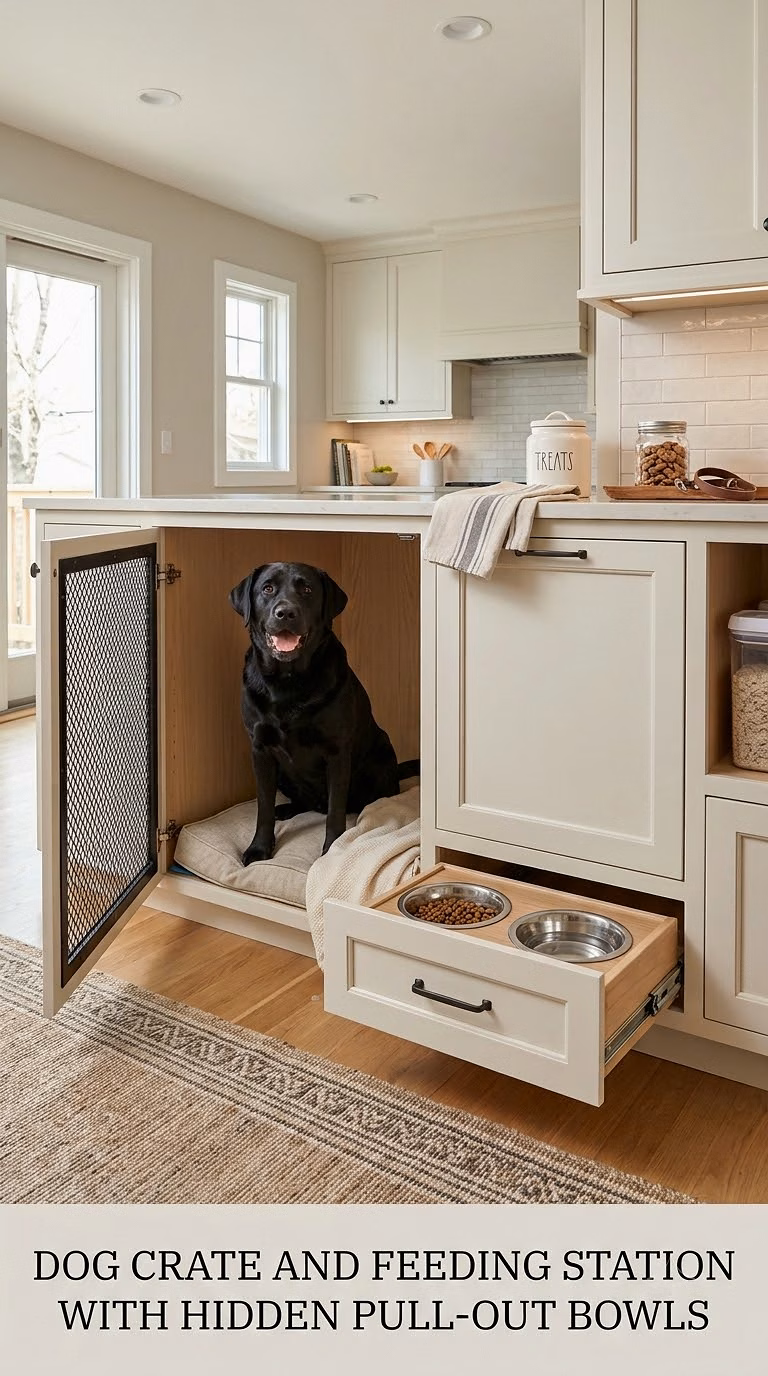 Dog Crate and Feeding Station With Hidden Pull-Out Bowls