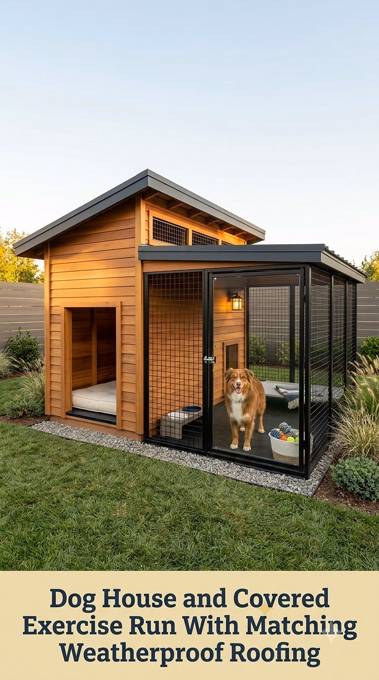 Dog House and Covered Exercise Run With Matching Weatherproof Roofing