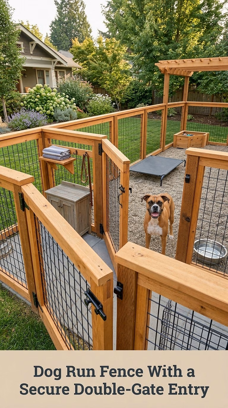 Dog Run Fence With a Secure Double-Gate Entry