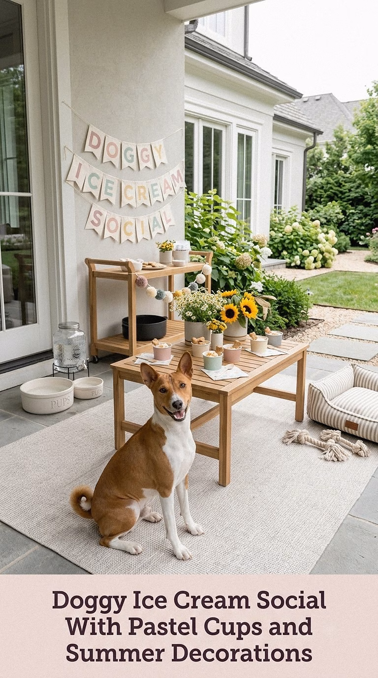 Doggy Ice Cream Social With Pastel Cups and Summer Decorations