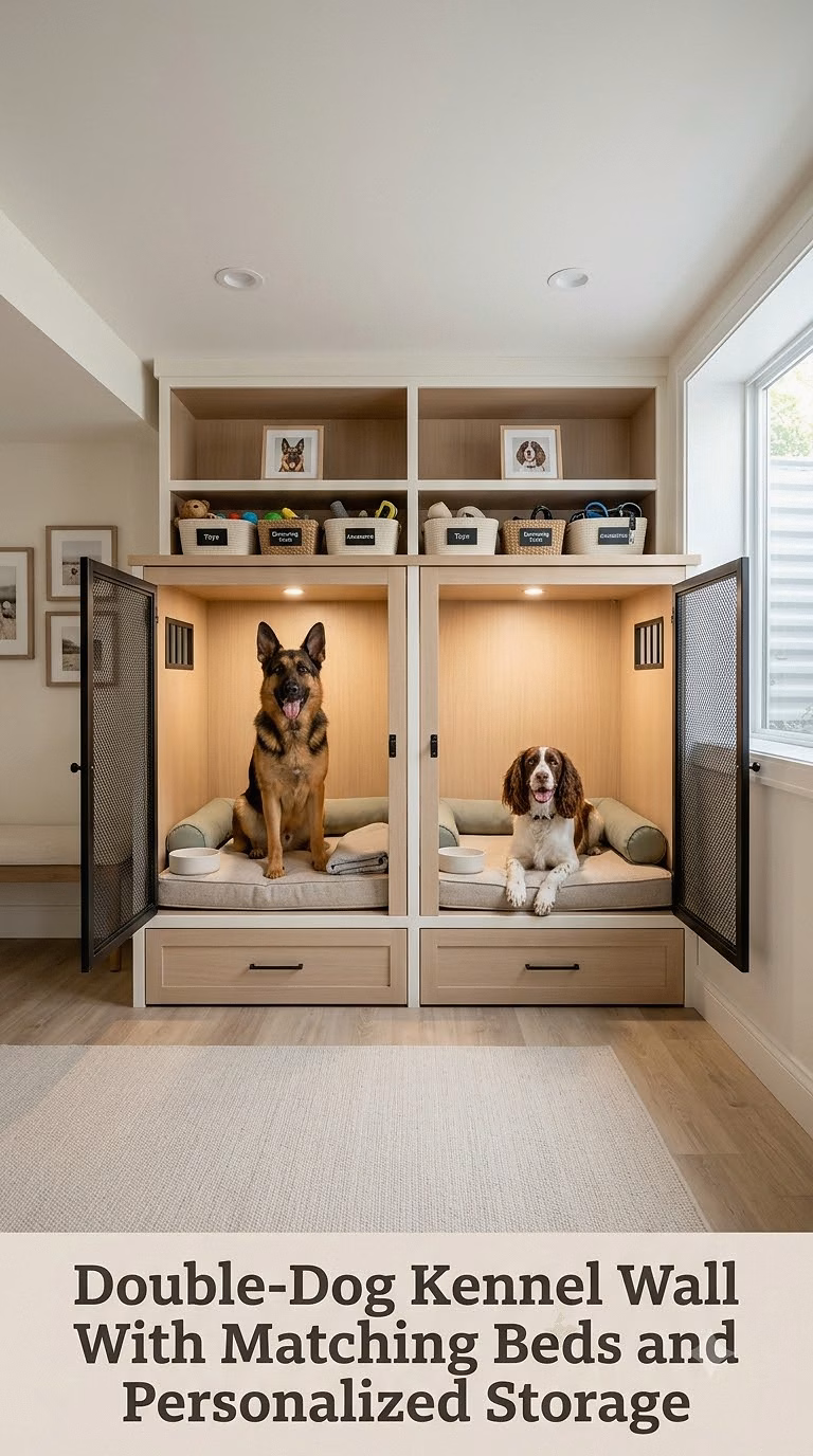 Double-Dog Kennel Wall With Matching Beds and Personalized Storage