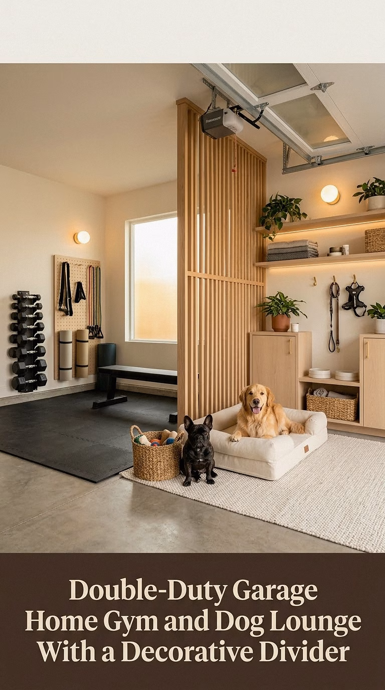 15. Double-Duty Garage Home Gym and Dog Lounge With a Decorative Divider