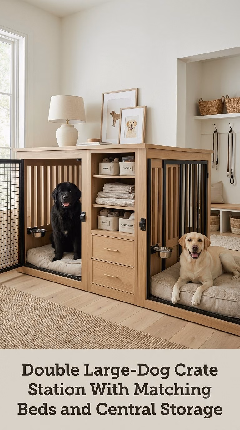 Double Large-Dog Crate Station With Matching Beds and Central Storage