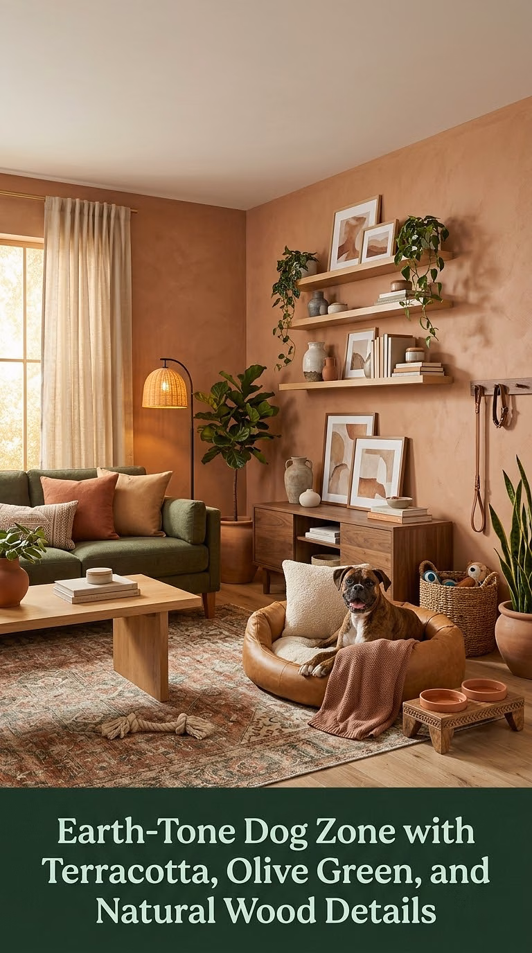 15. Earth-Tone Dog Zone with Terracotta, Olive Green, and Natural Wood Details