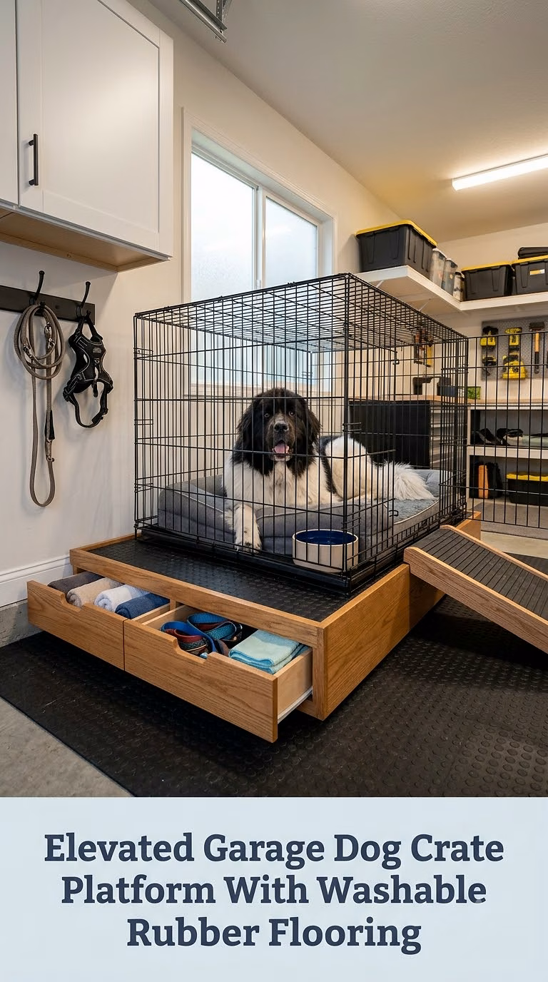 Elevated Garage Dog Crate Platform With Washable Rubber Flooring