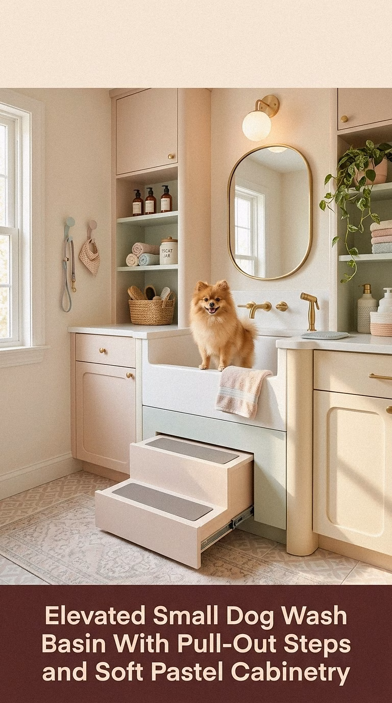 15. Elevated Small Dog Wash Basin With Pull-Out Steps and Soft Pastel Cabinetry