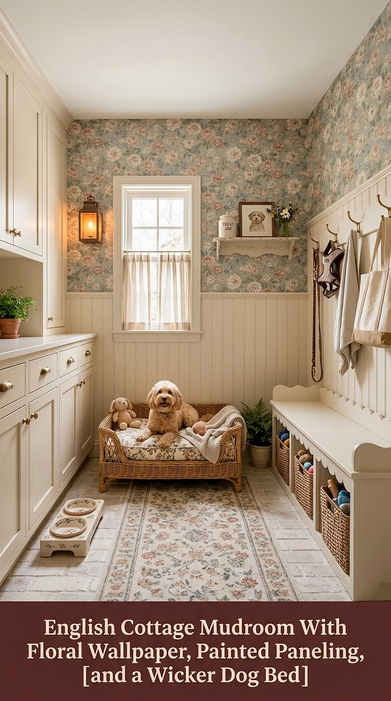 English Cottage Mudroom With Floral Wallpaper, Painted Paneling, and a Wicker Dog Bed