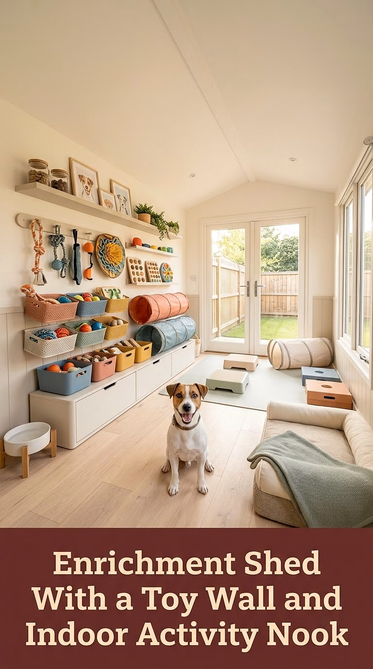 15. Enrichment Shed With a Toy Wall and Indoor Activity Nook