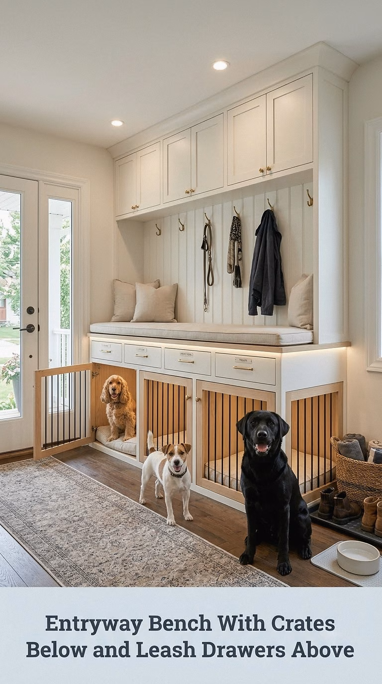 Entryway Bench With Crates Below and Leash Drawers Above